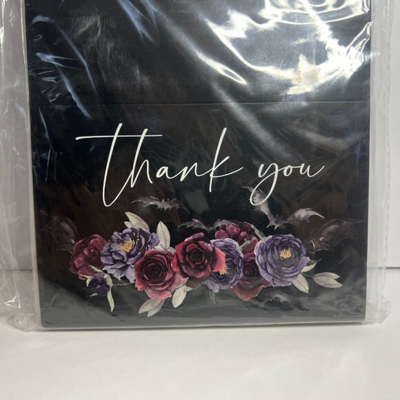 24 Pack Gothic Spooky Bat Black Floral Print Thank You Blank Cards w/ Envelopes - Picture 4 of 5